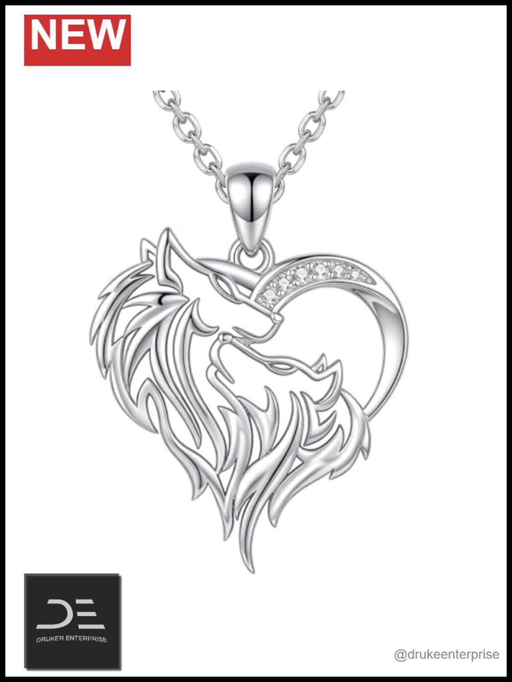 925 Sterling Silver Heart Wolf Pendant Necklace Lab Grown Diamond 18-20"